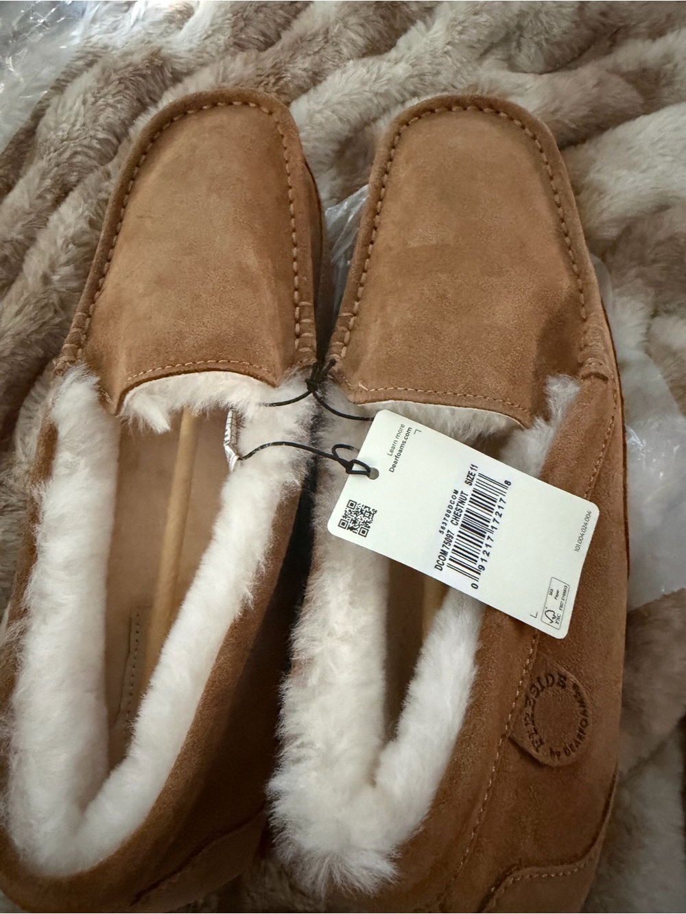 dearfoams Chestnut Faux-Suede Moccasin Slippers with Shearling Trim
